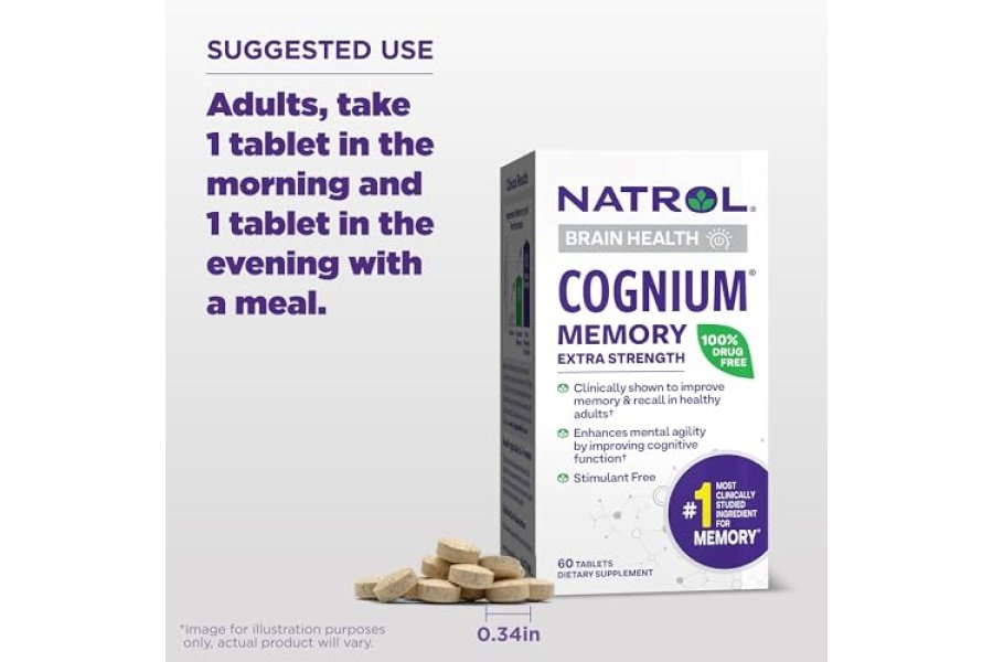 Natrol Cognium Memory Hidrolizado de proteína de seda extra fuerte 200 mg, suplemento dietético para la salud cerebral y apoyo a la memoria, 60 tabletas, suministro para 30 días - Image 8