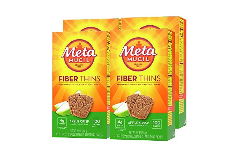 Metamucil, Fiber Thins, suplemento diario de fibra de cáscara de psyllium, apoya la salud digestiva y satisface el hambre, sabor crujiente de manzana, 48 porciones totales (4 paquetes de 12)