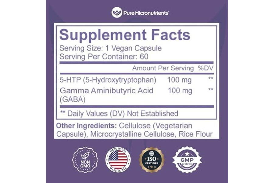 Suplemento puro de 5-HTP (5-hidroxitriptófano) más GABA - para el control del sueño, el estado de ánimo y el estrés - 60 cápsulas vegetales - Image 4
