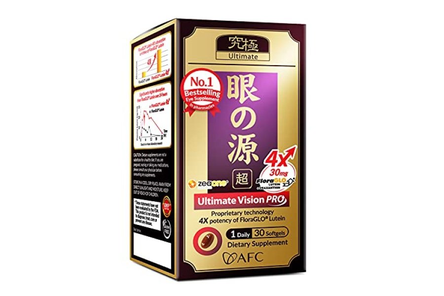AFC Japan Ultimate Vision PRO - Fórmula para ojos con FloraGLO luteína 4X, zeaxantina, extracto de arándano y astaxantina para problemas oculares relacionados con la edad, visión borrosa y deficiente, ojo seco, salud macular, 30 unidades