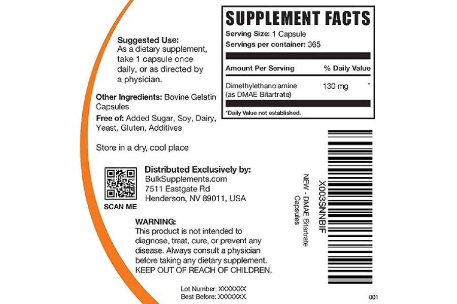 BulkSupplements.com Cápsulas de bitartrato de DMAE - Dimetilaminoetanol, DMAE 350 mg, Suplemento de DMAE, Cápsulas de DMAE - para la salud y el enfoque del cerebro, sin gluten, 1 cápsula por porción, 365 cápsulas - Image 2