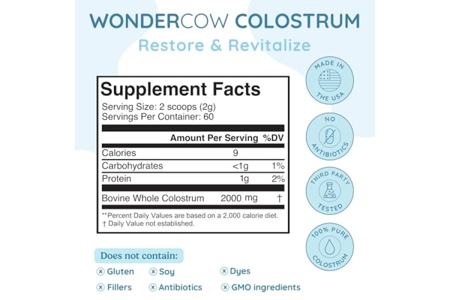 WONDERCOW Suplemento de calostro en polvo para salud intestinal, apoyo inmunológico, recuperación muscular y bienestar | Súper alimento de calostro bovino entero puro IgG natural, sin sabor, 60 porciones - Image 2