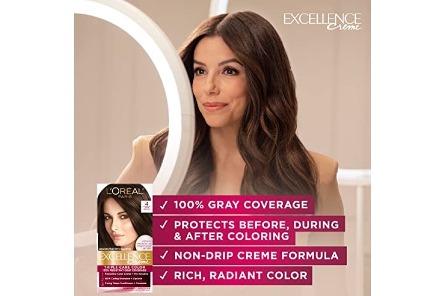 L'Oreal Paris Excellence Creme Color permanente para el cabello, 4 marrón oscuro, tinte para el cabello con cobertura 100% gris, paquete de 1 - Image 2