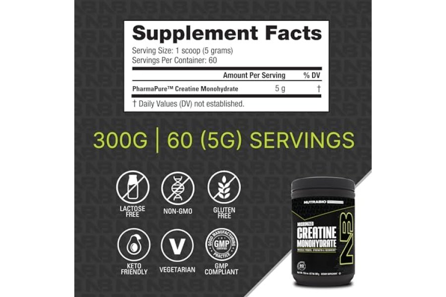 Suplemento de monohidrato de creatina NutraBio, sin sabor, (300 g) - Apoya la energía, la recuperación y la fuerza muscular - Suplemento de creatina de grado puro probado por HPLC - Image 2