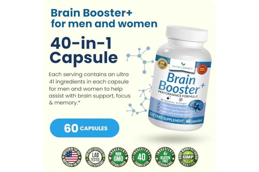 Suplemento estimulante del cerebro 40 en 1 para concentración, memoria, claridad y energía | Libro electrónico Advanced Vitamins Plus | Para hombres y mujeres, apoyo nootrópico de la función cognitiva con DMAE, fórmula para la salud cerebral | 60 Cápsulas - Image 5