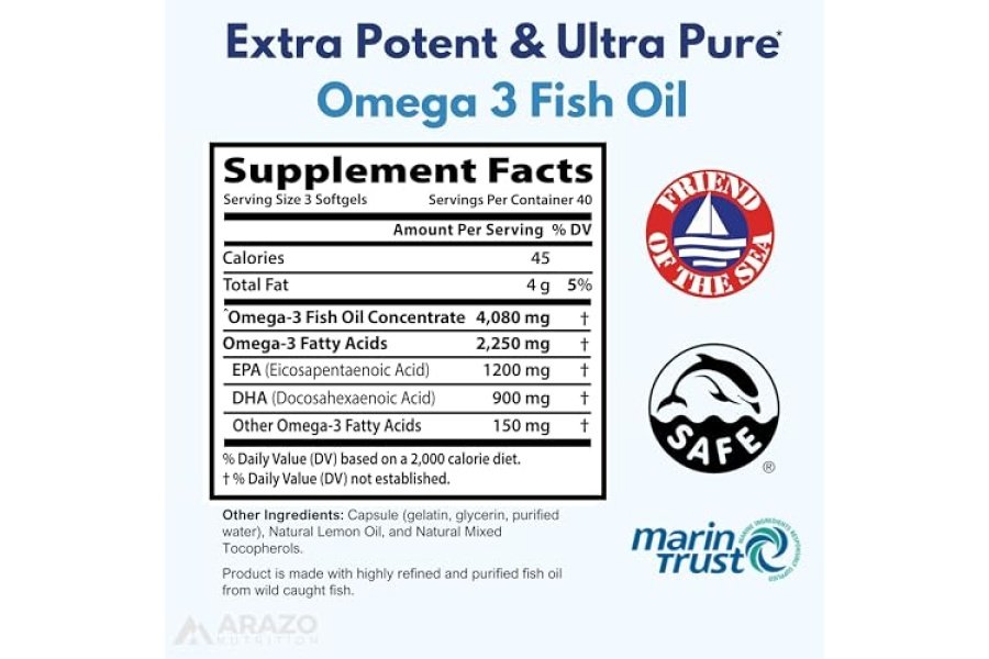 Arazo Nutrition Aceite de pescado Omega 3 de captura silvestre - 120 cápsulas blandas - 4080 mg de alto contenido de EPA 1200 mg de DHA 900 mg de cápsulas blandas sin eructos con sabor a limón - Image 2