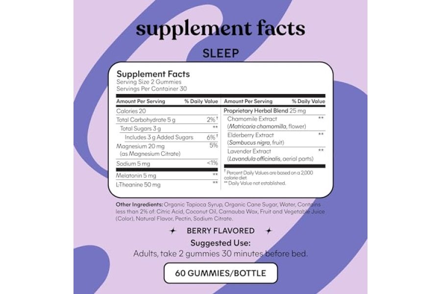Gomitas para dormir Lemme con 5 mg de melatonina, saúco, magnesio, L-teanina, manzanilla y lavanda, ayuda para dormir durante la noche sin drogas, vegana, sin gluten, sin gelatina, sin OGM, con sabor a bayas (60 unidades) - Image 4