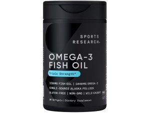 Sports Research Aceite de pescado Omega 3 de triple potencia - Suplemento de aceite de pescado sin eructos con ácidos grasos EPA y DHA de abadejo salvaje de Alaska de una sola fuente - 1250 mg, 90 ct