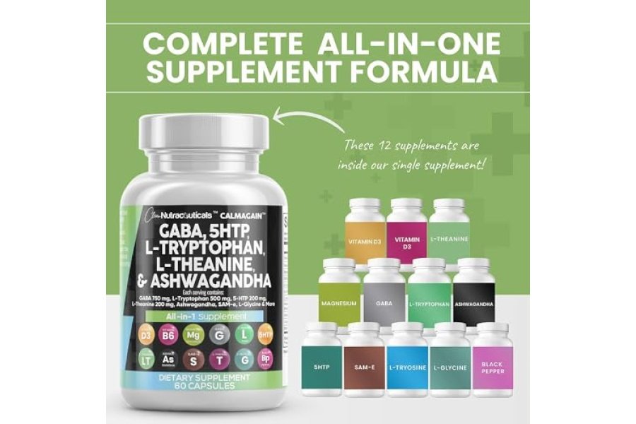 Clean Nutraceuticals GABA 750 mg 5 HTP 200 mg L Triptófano 500 mg L Teanina 200 mg Ashwagandha 3000 mg SAM-e L-Glicina - Vitaminas de apoyo al estado de ánimo para mujeres y hombres con L-tirosina - Conteo - Image 5