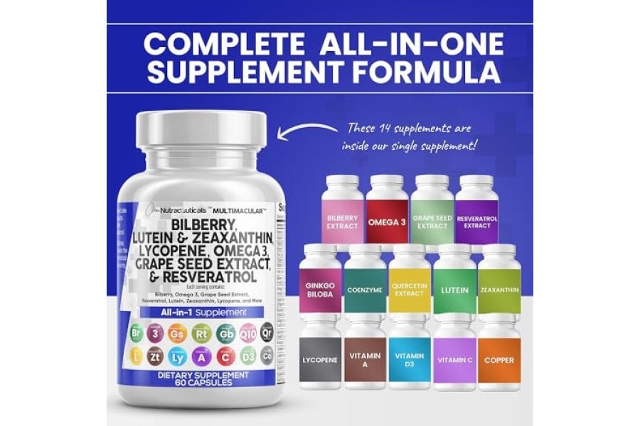 Vitaminas para la salud de los ojos con arándano 6000 mg luteína y zeaxantina 40 mg licopeno 40 mg resveratrol 3000 mg extracto de semilla de uva 6000 mg Omega 3 4000 mg astaxantina - Vitamina para los ojos - 60 cápsulas - Image 2