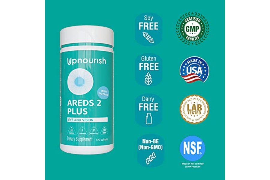 UpNourish AREDS 2+ - Suplemento vitamínico avanzado para la salud macular y el ojo seco - Luteína, zeaxantina, azafrán, astaxantina y DHA - Soporta la tensión ocular, la presión y la visión nocturna - 120 cápsulas blandas - Image 8