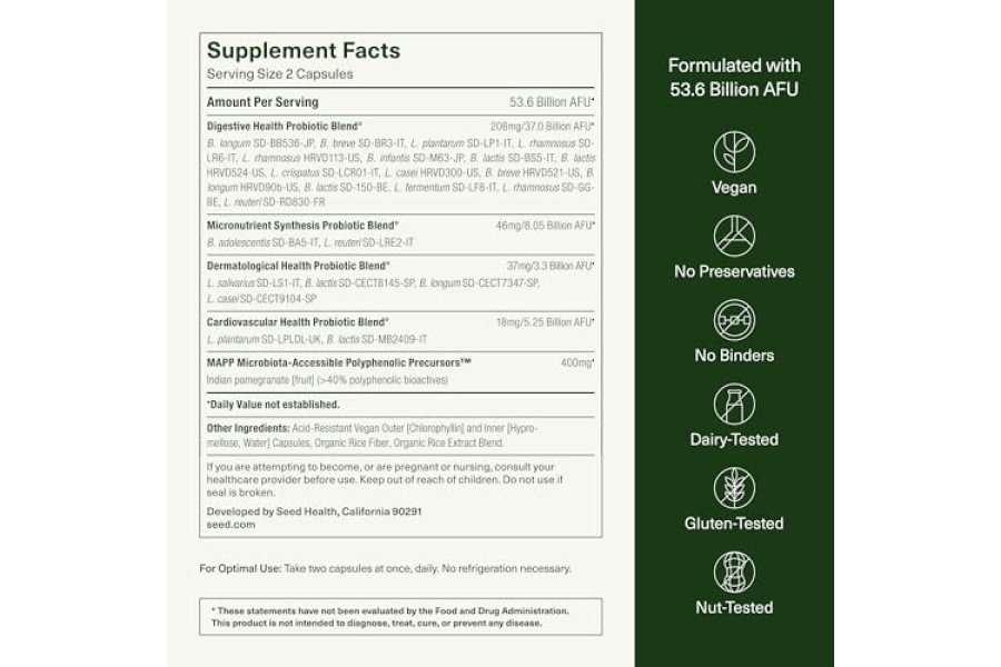 Seed DS-01 Sinbiótico diario - Prebiótico y probiótico (60 cápsulas) - 53,6 mil millones de AFU - Salud digestiva, salud intestinal y salud inmune - Probióticos de múltiples cepas para mujeres y hombres - Vegano y estable - Image 6