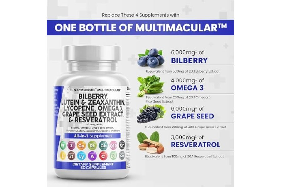 Vitaminas para la salud de los ojos con arándano 6000 mg luteína y zeaxantina 40 mg licopeno 40 mg resveratrol 3000 mg extracto de semilla de uva 6000 mg Omega 3 4000 mg astaxantina - Vitamina para los ojos - 60 cápsulas - Image 3