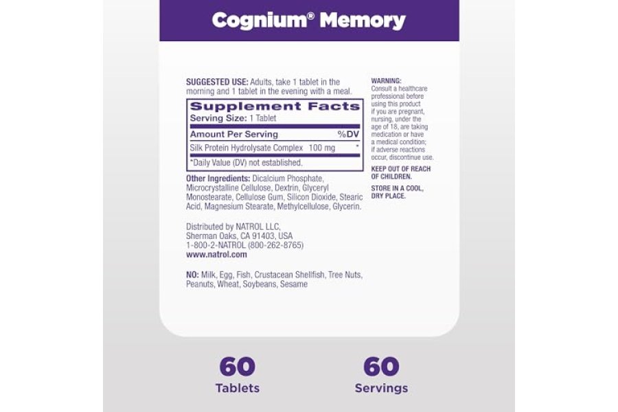 Natrol Cognium Memory Silk Protein Hydrolyzate 100 mg, suplemento dietético para apoyar la salud cerebral, 60 tabletas, suministro para 30 días - Image 5