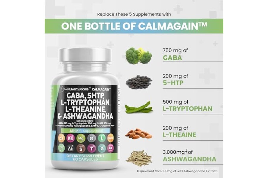 Clean Nutraceuticals GABA 750 mg 5 HTP 200 mg L Triptófano 500 mg L Teanina 200 mg Ashwagandha 3000 mg SAM-e L-Glicina - Vitaminas de apoyo al estado de ánimo para mujeres y hombres con L-tirosina - Conteo - Image 3