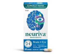 NEURIVA Brain + Eye Suplemento para memoria, enfoque y concentración con luteína y vitaminas A C E y zinc para la salud ocular y zeaxantina para filtrar la luz azul, cápsulas de 30 unidades