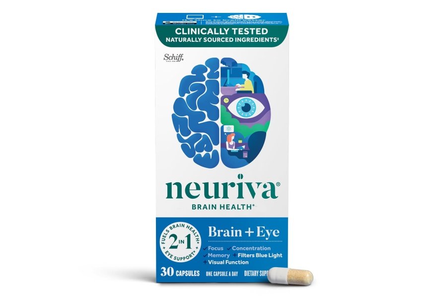NEURIVA Brain + Eye Suplemento para memoria, enfoque y concentración con luteína y vitaminas A C E y zinc para la salud ocular y zeaxantina para filtrar la luz azul, cápsulas de 30 unidades