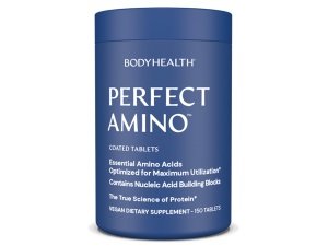 BodyHealth PerfectAmino (150 ct) tabletas fáciles de tragar, suplemento de aminoácidos esenciales con BCAA, proteína vegana para pre/post entrenamiento y recuperación muscular con lisina, triptófano, leucina, metionina