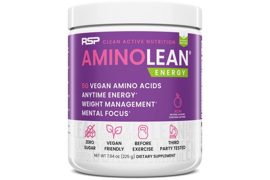 RSP AminoLean - Preentrenamiento natural todo en uno, Aminoenergía, Control de peso - BCAA veganos, Preentrenamiento para hombres y mujeres, Acai, 25 porciones
