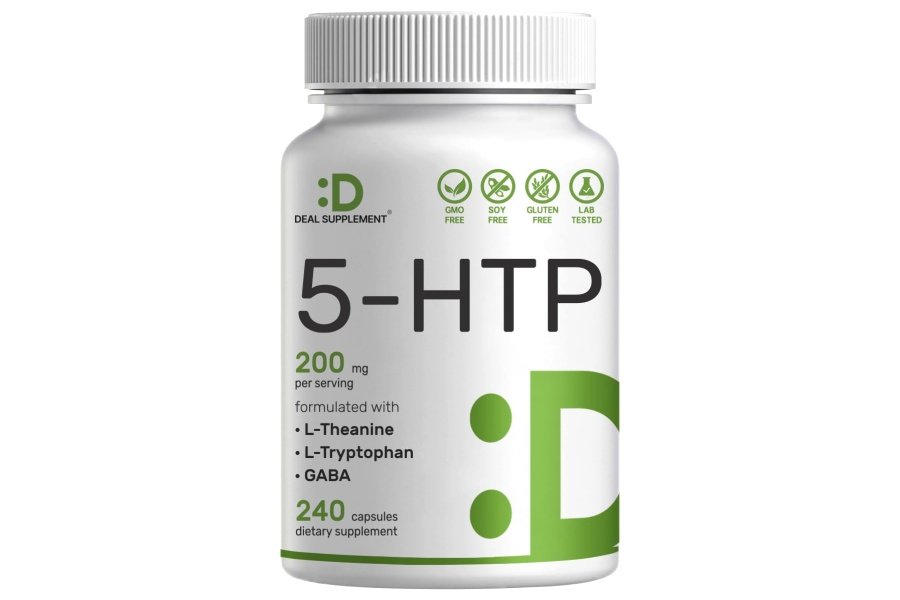 5-HTP 200 mg por porción, 240* cápsulas, 98 % extracto de semilla de Griffonia de origen africano | Fórmula 4 en 1 | Además de L teanina activa, L triptófano y GABA | Suplemento de apoyo a la relajación