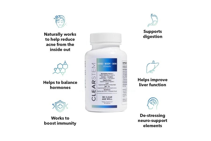 CLEARstem - Suplemento hormonal para el acné MINDBODYSKIN (5-HTP) - Suplemento DIM natural - Vitaminas para el cuidado de la piel - Equilibrio hormonal, antioxidantes - Vegano, sin gluten, sin crueldad - 30 porciones, 90 cápsulas - Image 2