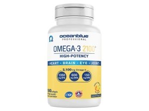 Oceanblue Professional Omega-3 2100 – 180 ct – Suplemento de aceite de pescado sin eructos de triple potencia con EPA, DHA, DPA de alta potencia – Capturado en la naturaleza – Sabor a naranja (90 porciones)