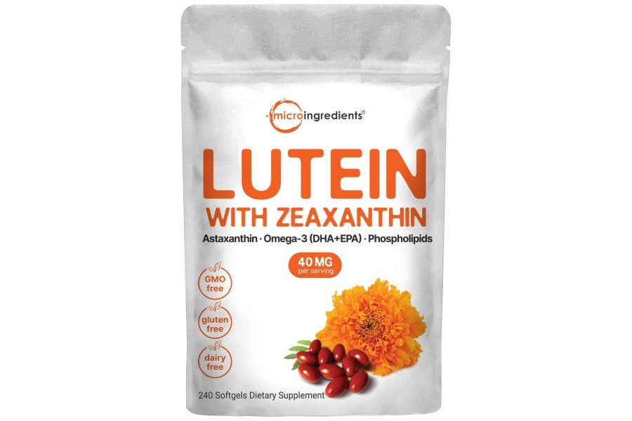 Micro Ingredients Luteína y Zeaxantina 40 mg cápsulas blandas, 240 unidades, con astaxantina, omega-3 y fosfolípidos | Vitaminas para la salud de los ojos y la visión | Probado por terceros, sin OGM, sin gluten
