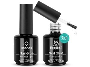 Beetles Gel Polish 5 en 1 Kit de pegamento de uñas y gel base para uñas acrílicas, 2 piezas de 0.5 fl oz cepillo súper fuerte en pegamento de gel de uñas para puntas de uñas postizas y esmalte de uñas de gel lámpara LED requerida regalo de arte de uñas