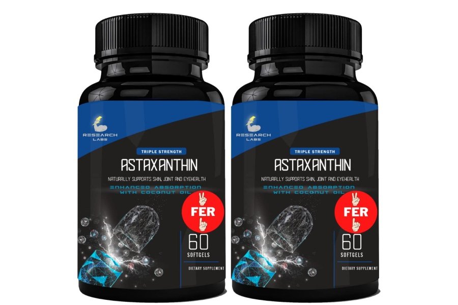Research Labs Astaxantina natural de triple potencia, 12 mg, cápsulas blandas + botella extra de aceite de coco orgánico para una mejor absorción, potente antioxidante que apoya la salud de las articulaciones y el corazón, 120 cápsulas blandas en total