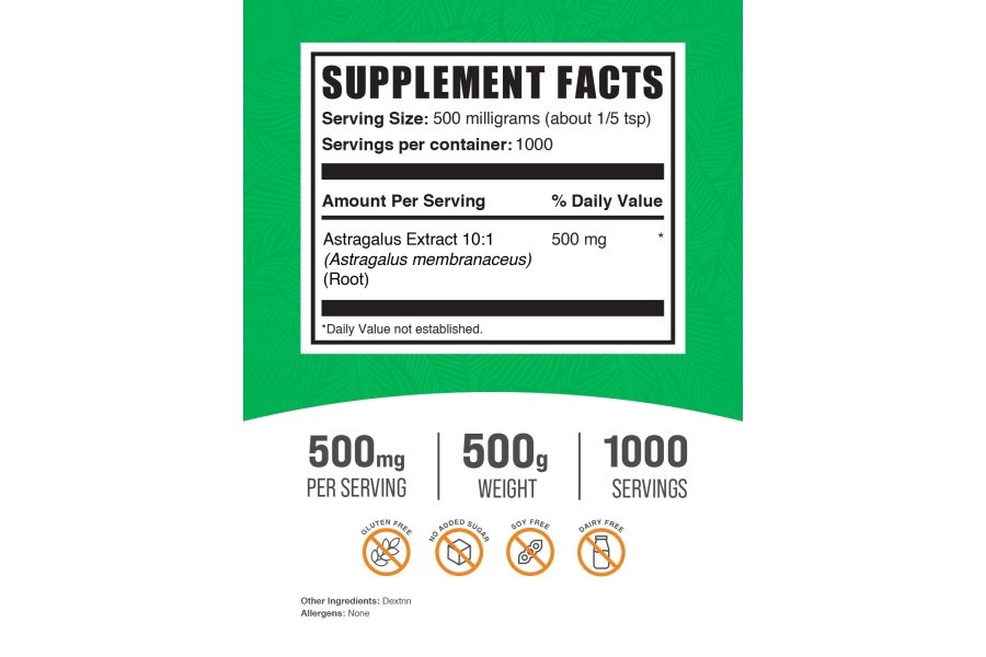 BulkSupplements.com Extracto de astrágalo en polvo - de raíz de astrágalo, suplemento de astrágalo - vegano y sin gluten, polvo de astrágalo - 500 mg por porción, 500 g (1,1 libras) (paquete de 1) - Image 2