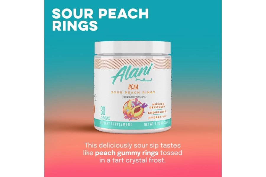 ANILLO MELOCOTÓN AGRIO BCAA de Alani Nu | Aminoácidos esenciales de cadena ramificada | Fórmula 2:1:1 | Suplemento en polvo | Vitaminas para la recuperación muscular después del entrenamiento | 30 porciones - Image 4
