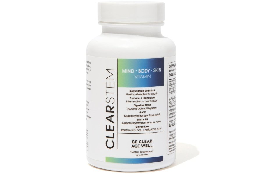 CLEARstem - Suplemento hormonal para el acné MINDBODYSKIN (5-HTP) - Suplemento DIM natural - Vitaminas para el cuidado de la piel - Equilibrio hormonal, antioxidantes - Vegano, sin gluten, sin crueldad - 30 porciones, 90 cápsulas