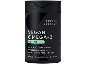 Sports Research Alternativa vegana de aceite de pescado Omega-3 a partir de aceite de algas - Niveles más altos de ácidos grasos veganos DHA y EPA | Sin OGM verificado y certificado vegano - Aroma fresco a limón - 60 cápsulas blandas vegetales