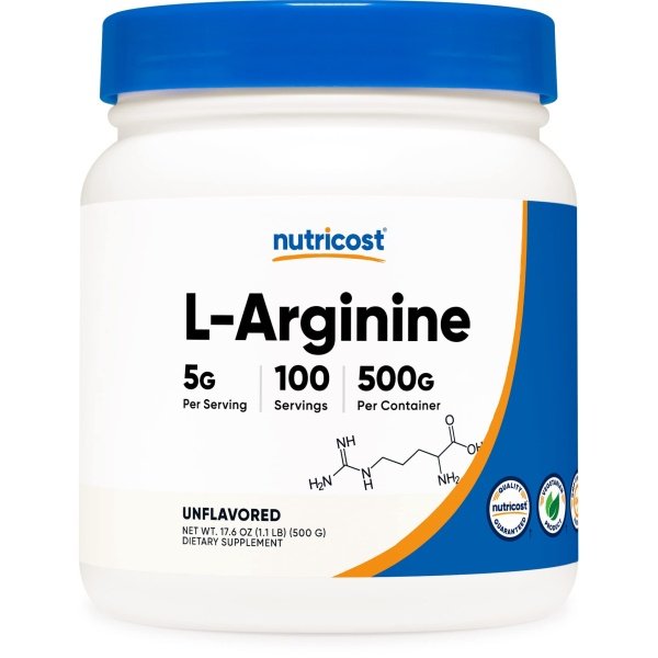 Nutricost L-Arginina en polvo 500 gramos (1,1 libras) - L-Arginina pura en polvo - 5000 mg por porción; 100 porciones