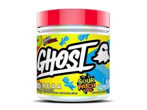 GHOST BCAA Suplemento de aminoácidos en polvo, Sour Patch Kids Blue Raspberry - 30 porciones - Amino en polvo intra, post y pre-entrenamiento sin azúcar y bebida de recuperación, 7G BCAA