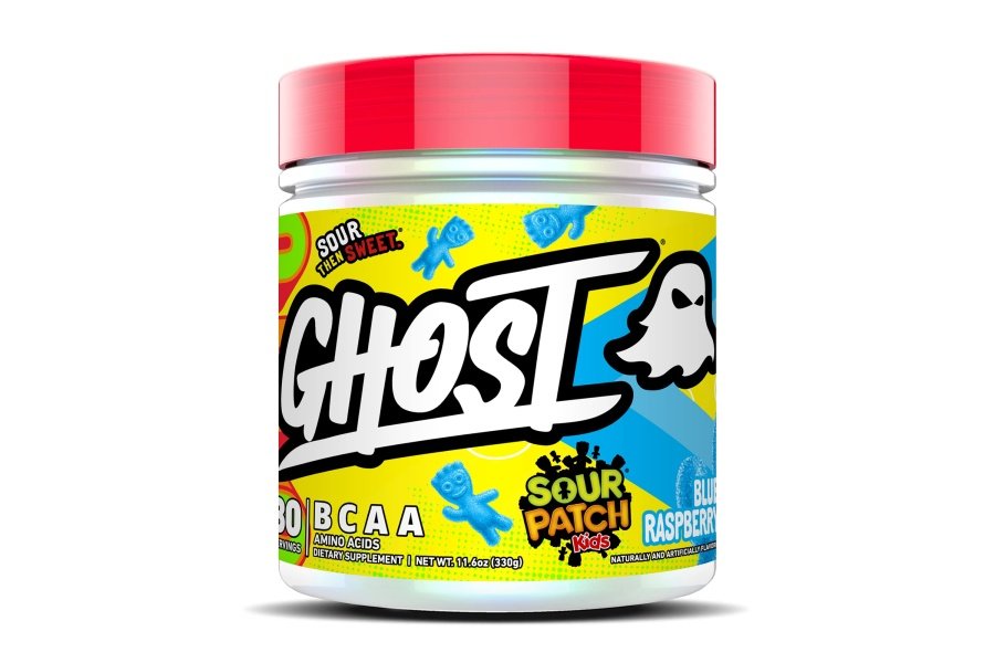 GHOST BCAA Suplemento de aminoácidos en polvo, Sour Patch Kids Blue Raspberry - 30 porciones - Amino en polvo intra, post y pre-entrenamiento sin azúcar y bebida de recuperación, 7G BCAA
