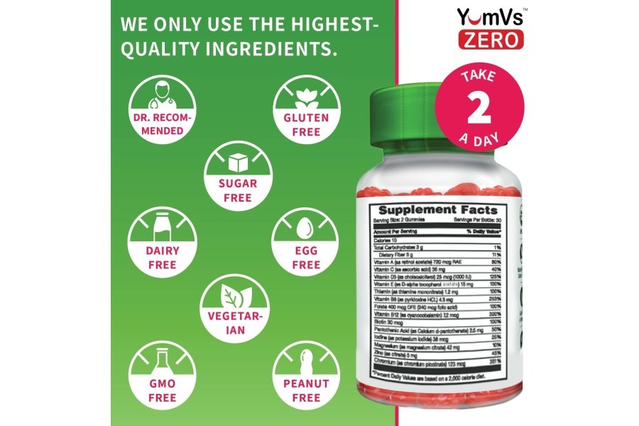 Gomitas multivitamínicas YumVs de YUM-V | Suplemento vitamínico sin azúcar para mujeres y hombres | Cromo, Tiamina y Magnesio | Masticables naturales con sabor a frambuesa, 60 unidades, (paquete de 2) - Image 3