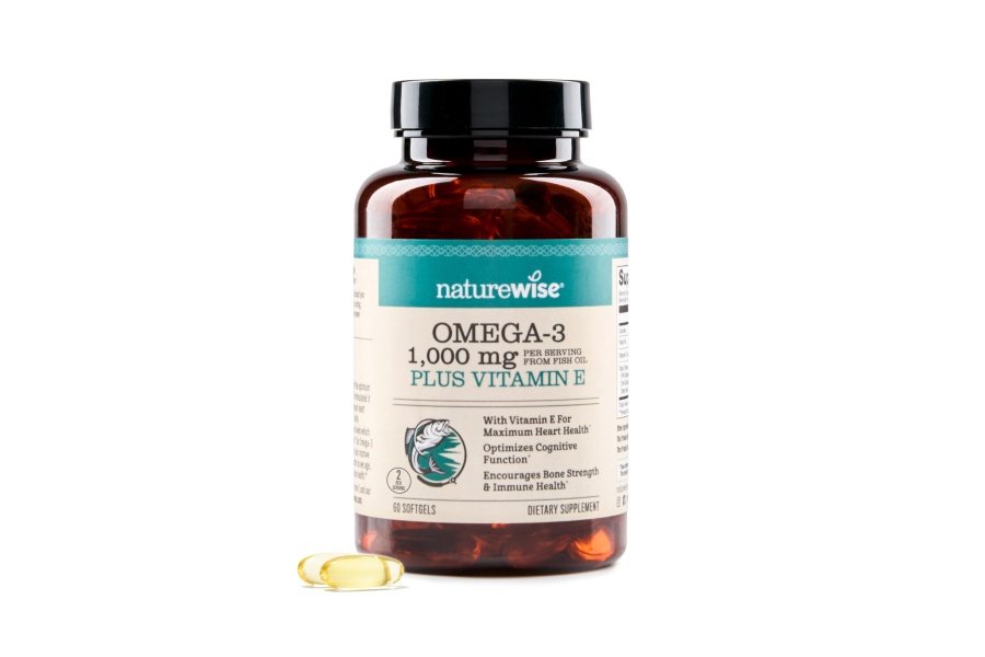 Suplemento de aceite de pescado Omega 3 extrafuerte NatureWise - 1000 mg por porción - 600 EPA y 400 DHA y vitamina E - Apoyo para la salud del corazón y el cerebro - Sabor a limón, sin OGM - 60 cápsulas blandas [suministro para 1 mes]
