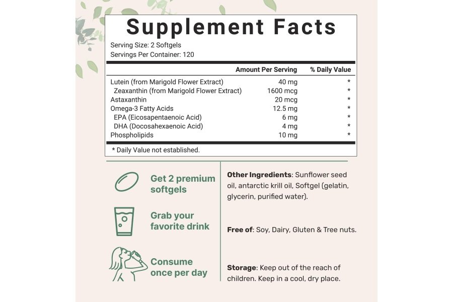 Micro Ingredients Luteína y Zeaxantina 40 mg cápsulas blandas, 240 unidades, con astaxantina, omega-3 y fosfolípidos | Vitaminas para la salud de los ojos y la visión | Probado por terceros, sin OGM, sin gluten - Image 2