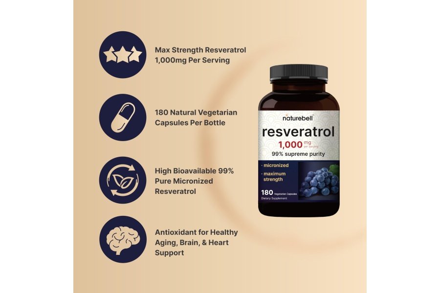 Suplemento de resveratrol NatureBell 1000 mg por porción, 180 cápsulas vegetales, 99 % trans-resveratrol puro, antioxidante para un envejecimiento saludable, apoyo para el cerebro y el corazón, sin OGM - Image 3