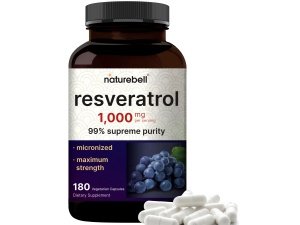 Suplemento de resveratrol NatureBell 1000 mg por porción, 180 cápsulas vegetales, 99 % trans-resveratrol puro, antioxidante para un envejecimiento saludable, apoyo para el cerebro y el corazón, sin OGM