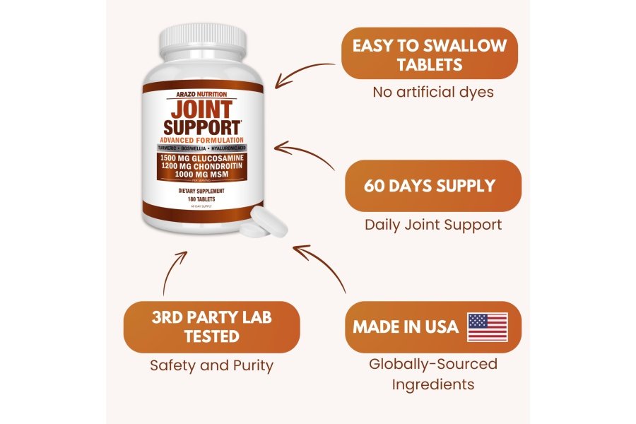 Arazo Nutrition Glucosamina Condroitina Cúrcuma Msm Boswellia - Suplemento de apoyo articular para alivio 180 tabletas para huesos, espalda, rodillas, manos (180 tabletas) - Image 6
