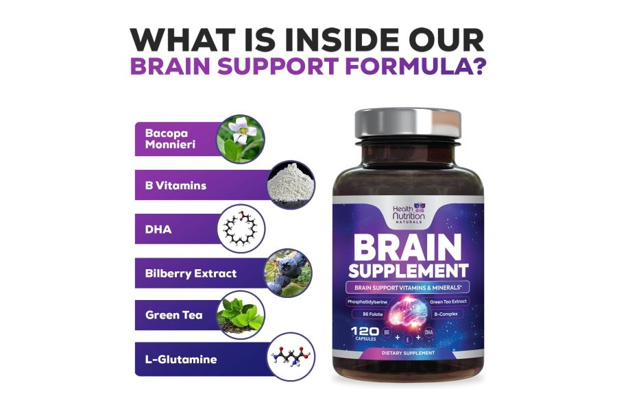 Suplementos cerebrales para la memoria y el enfoque - Nootrópico para la concentración, apoyo cognitivo y de claridad mental, DMAE Bacopa, fosfatidilserina, vitaminas para la salud del refuerzo cerebral B12, B6, C, E - 120 cápsulas - Image 3