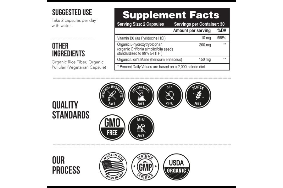 5-HTP orgánico - 200 mg | Concentración de 99% 5HTP, además de cofactor vitamina B6 y melena de león | Agua extraída de semillas orgánicas de Griffonia | Apoya el estado de ánimo, la cognición y el sueño (60 cápsulas | 30 porciones) - Image 7