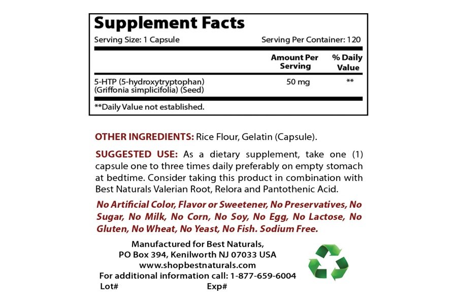 Best Naturals 5-HTP 50 mg 120 cápsulas, 5 cápsulas HTP apoya la relajación y el sueño reparador - Image 2