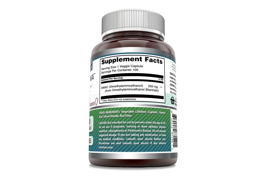 Suplemento DMAE (dimetilaminoetanol) de Amazing Formulas | 250 mg por porción | 100 Cápsulas Vegetales | Sin OGM | Sin gluten | Hecho en EE.UU. - Image 2