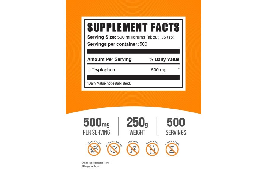 BulkSupplements.com L-triptófano en polvo - L-triptófano 500 mg, suplemento de triptófano - Suplemento de aminoácidos, sin gluten, 500 mg por porción, 250 g (8,8 oz) (paquete de 1) - Image 2