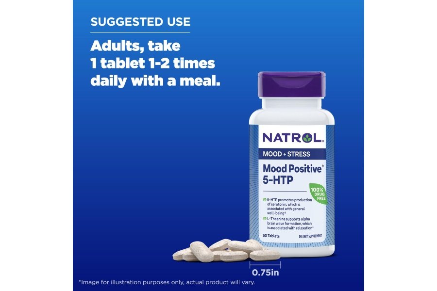 Natrol Mood Positive 5-HTP 50 mg con L-teanina, vitamina B6, vitamina B12 y folato, suplemento dietético que ayuda a mantener un estado de ánimo positivo, 50 tabletas, suministro para 25 a 50 días - Image 6