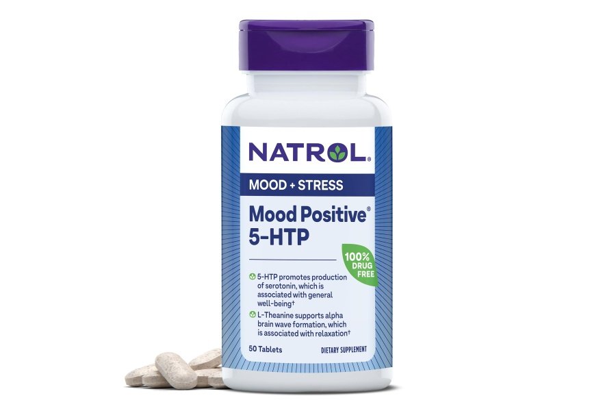 Natrol Mood Positive 5-HTP 50 mg con L-teanina, vitamina B6, vitamina B12 y folato, suplemento dietético que ayuda a mantener un estado de ánimo positivo, 50 tabletas, suministro para 25 a 50 días