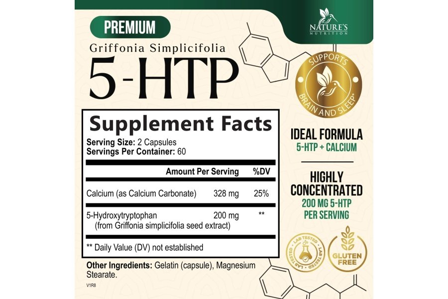 5 cápsulas de suplemento HTP 200 mg 5HTP Plus calcio para el estado de ánimo cerebral y apoyo al sueño - Fórmula 5-HTP extra fuerte - 5 hidroxitriptófano - Natural, vegetariano, sin gluten y sin OGM - 120 unidades - Image 2
